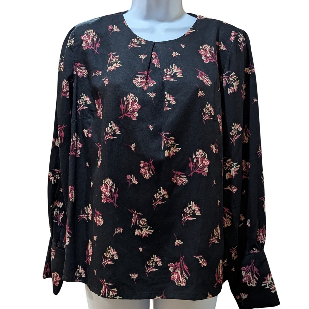 People Tree Black Floral Romantic‎ Boho Long Sleeve Blouse Pleated Neck Size 10